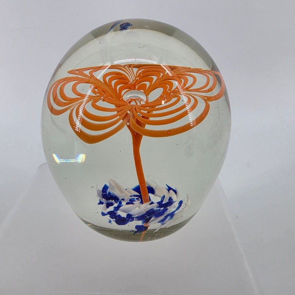 Vintage Hand Blown Art Glass Paperweight Orange Flower Controlled Bubble Egg